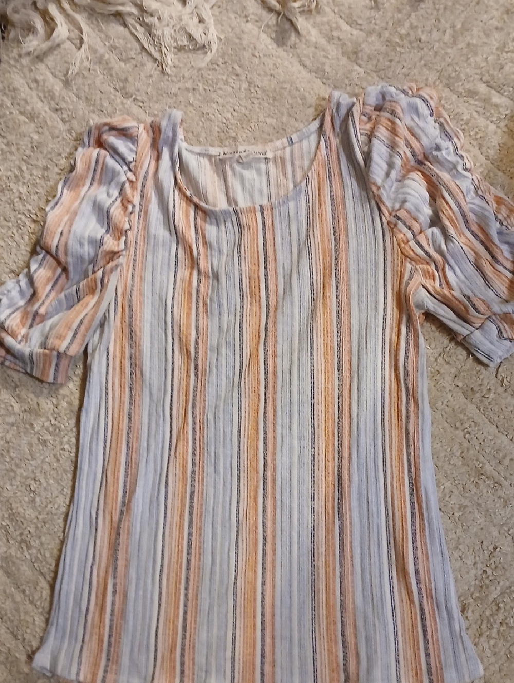 Striped Puff-Sleeve Blouse in Light Blue & Tan